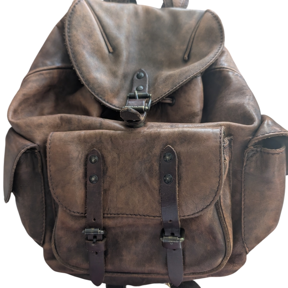 Frye Distressed Brown Leather Backpack with Buckle Pockets